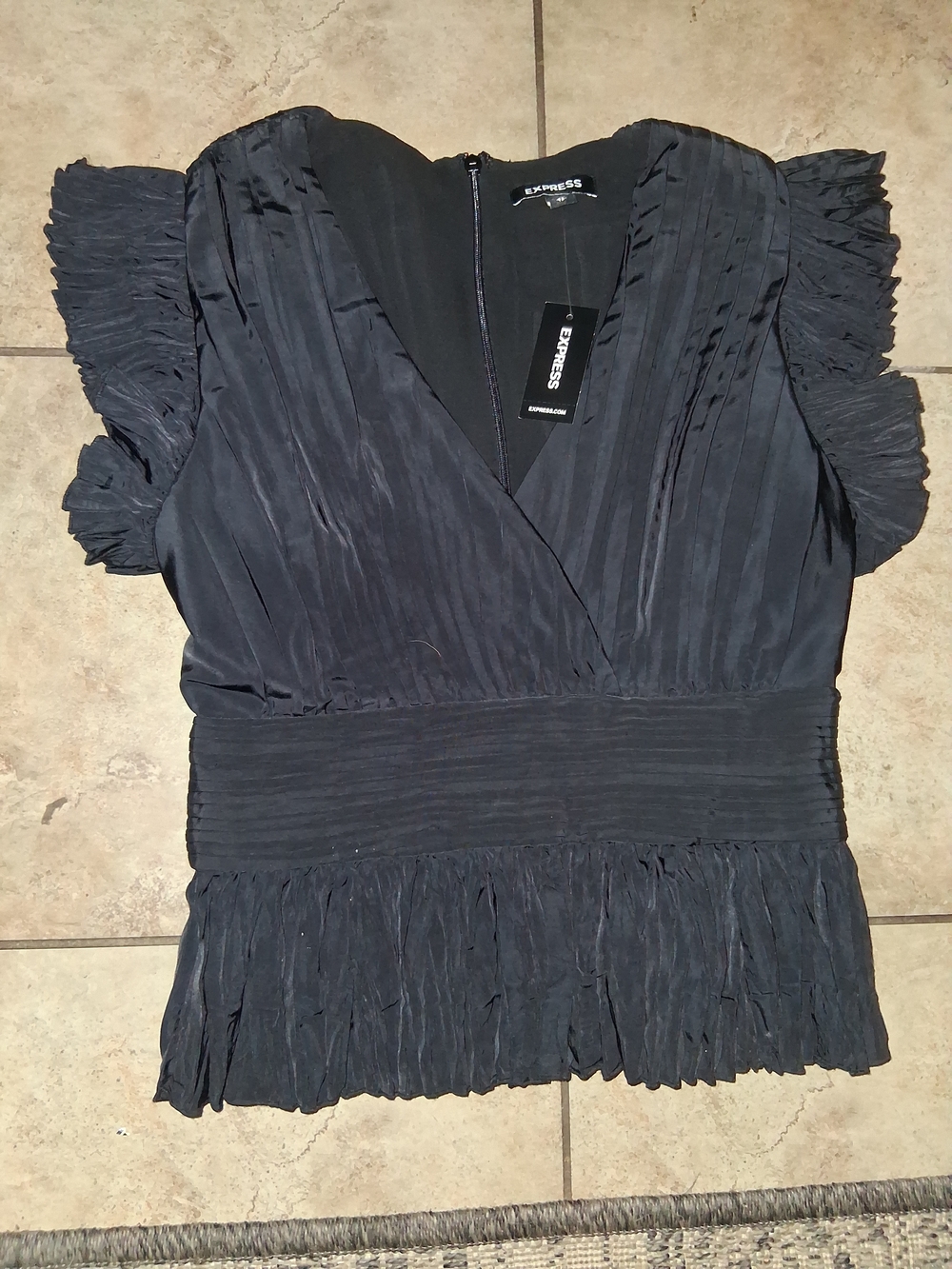Express Black Pleated V-Neck Blouse with Smocked Waist